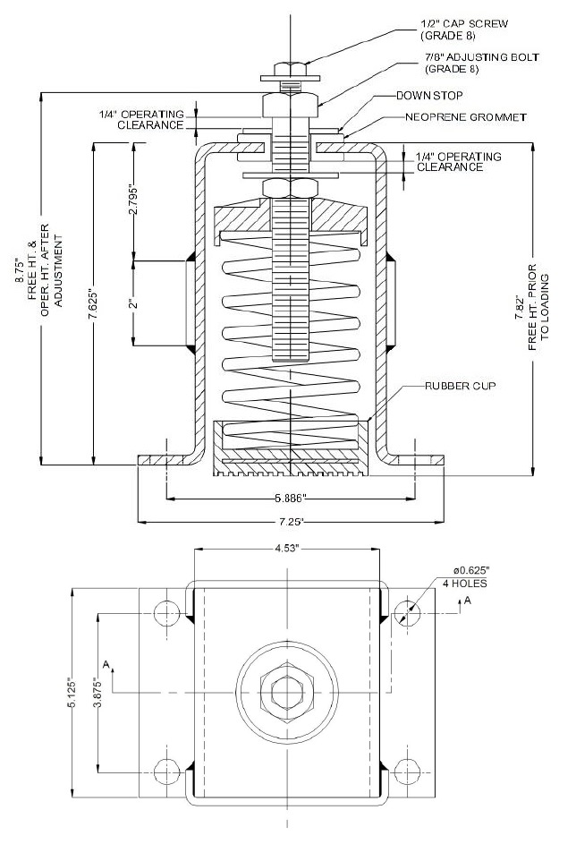 Isometric drawing for seismic spring mount showing dimensions