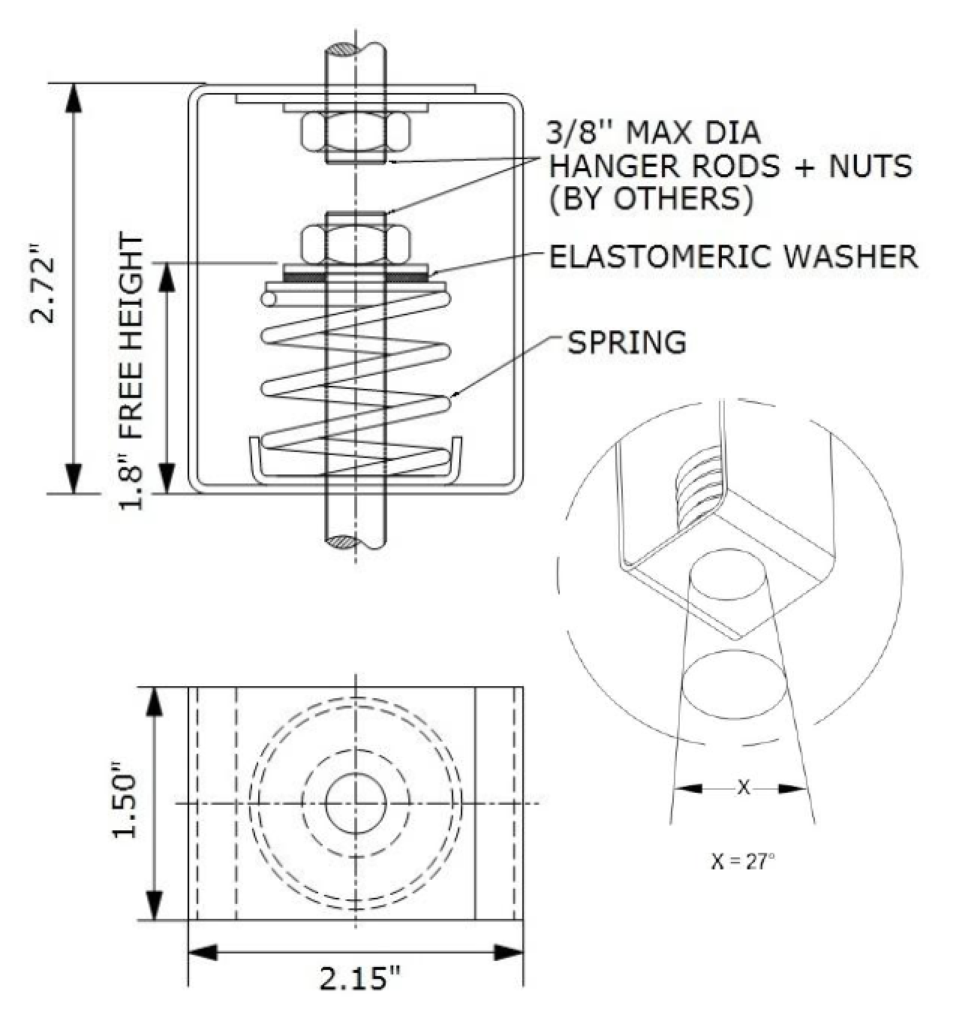 Isometric drawing of spring hanger showing dimensions