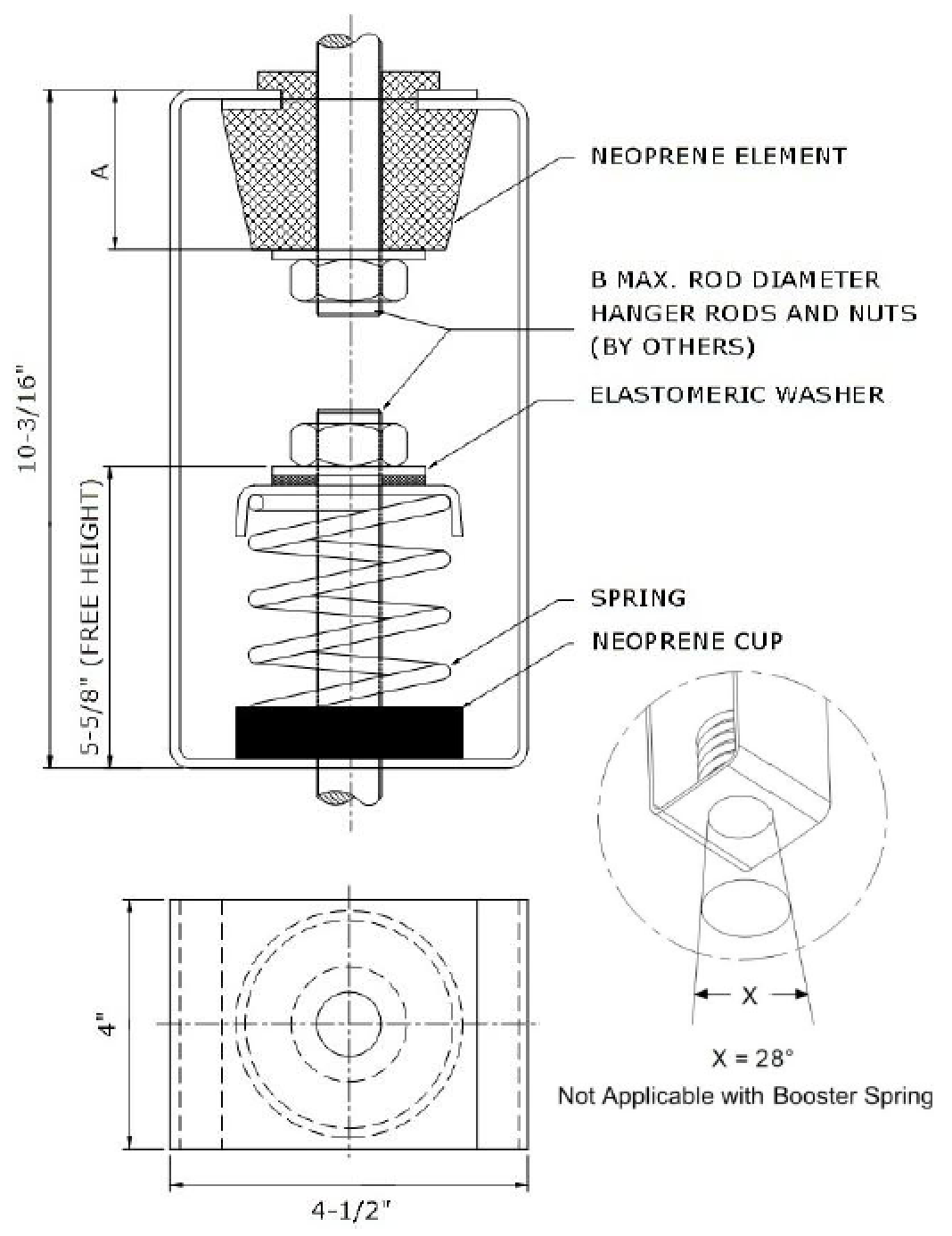 Isometric drawing showing dimensions for HVAC spring hanger