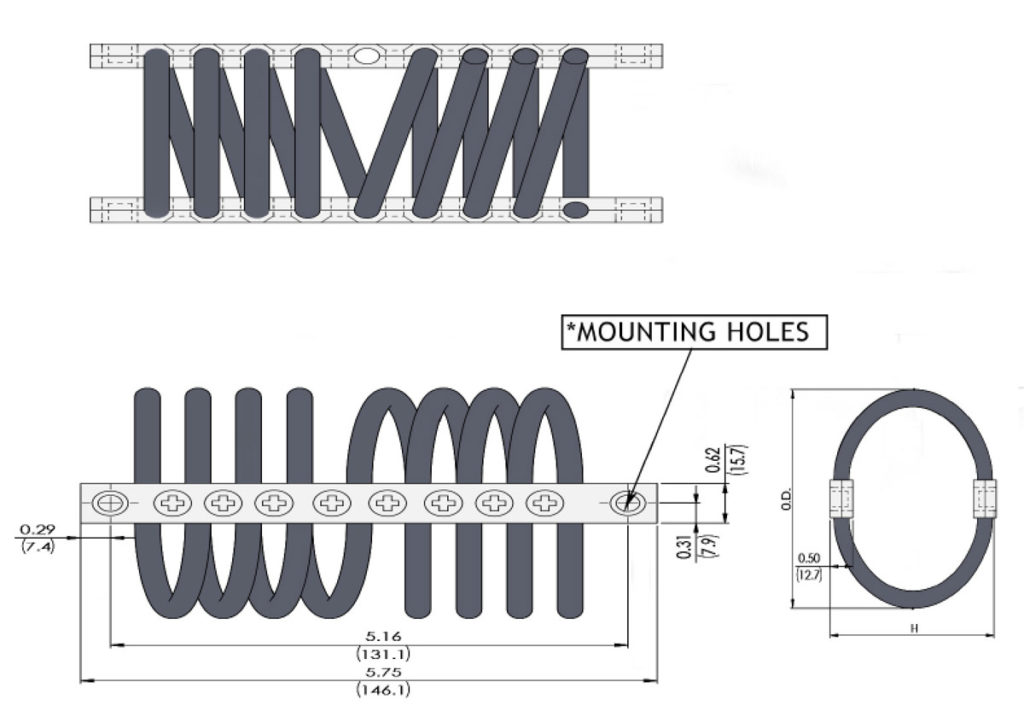 Isometric drawing for wire rope isolator showing dimensions