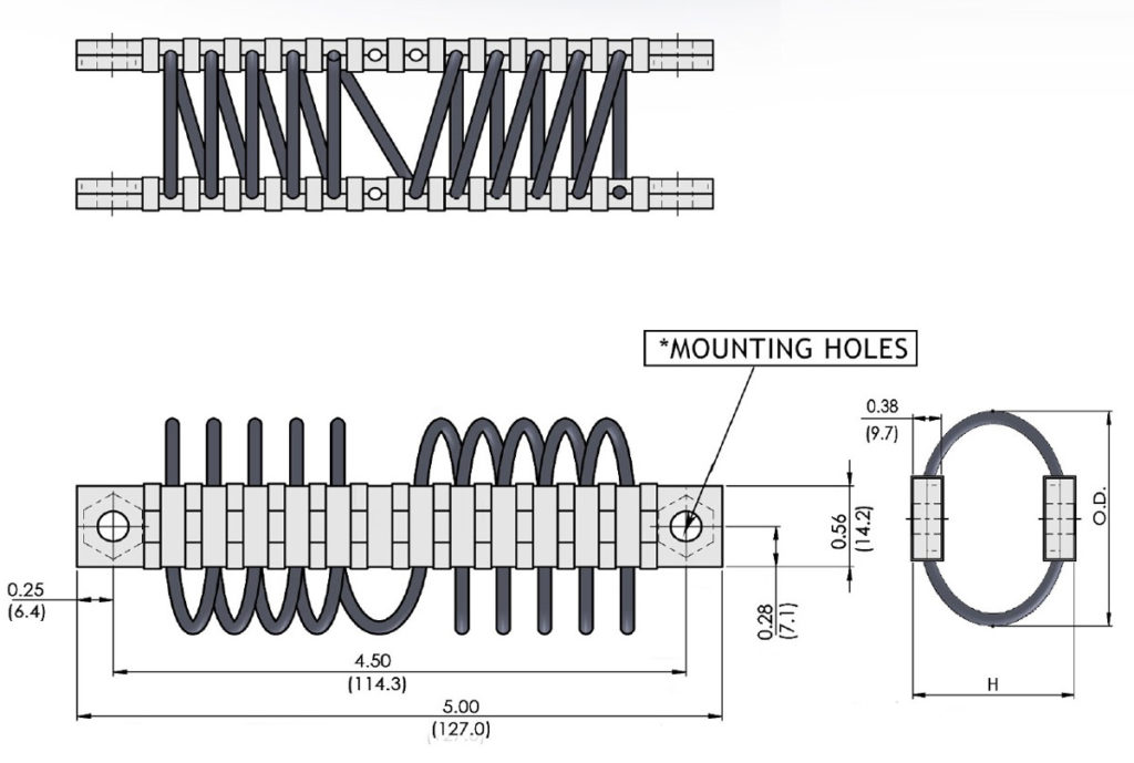 Isometric drawing with dimensions for wire rope isolators